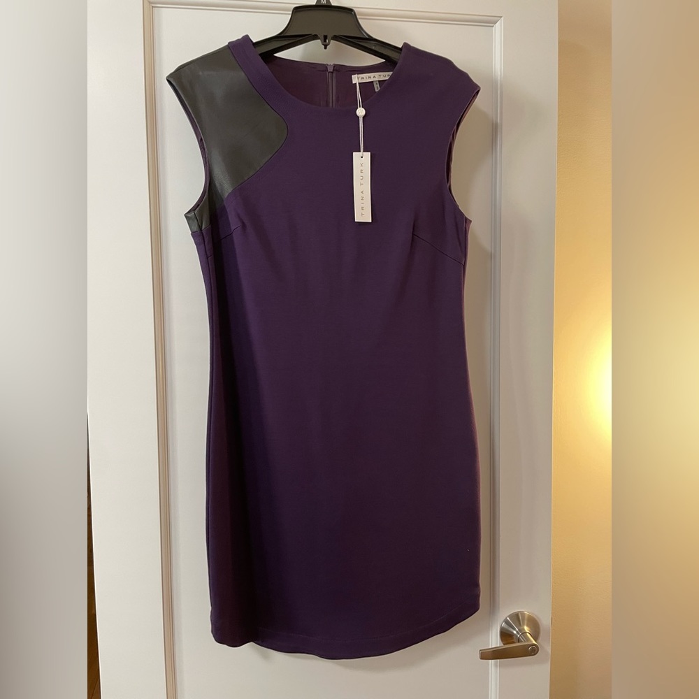 Trina Turk Missy Dark Purple Ponte Black Leather
Patch Sheath Dress
